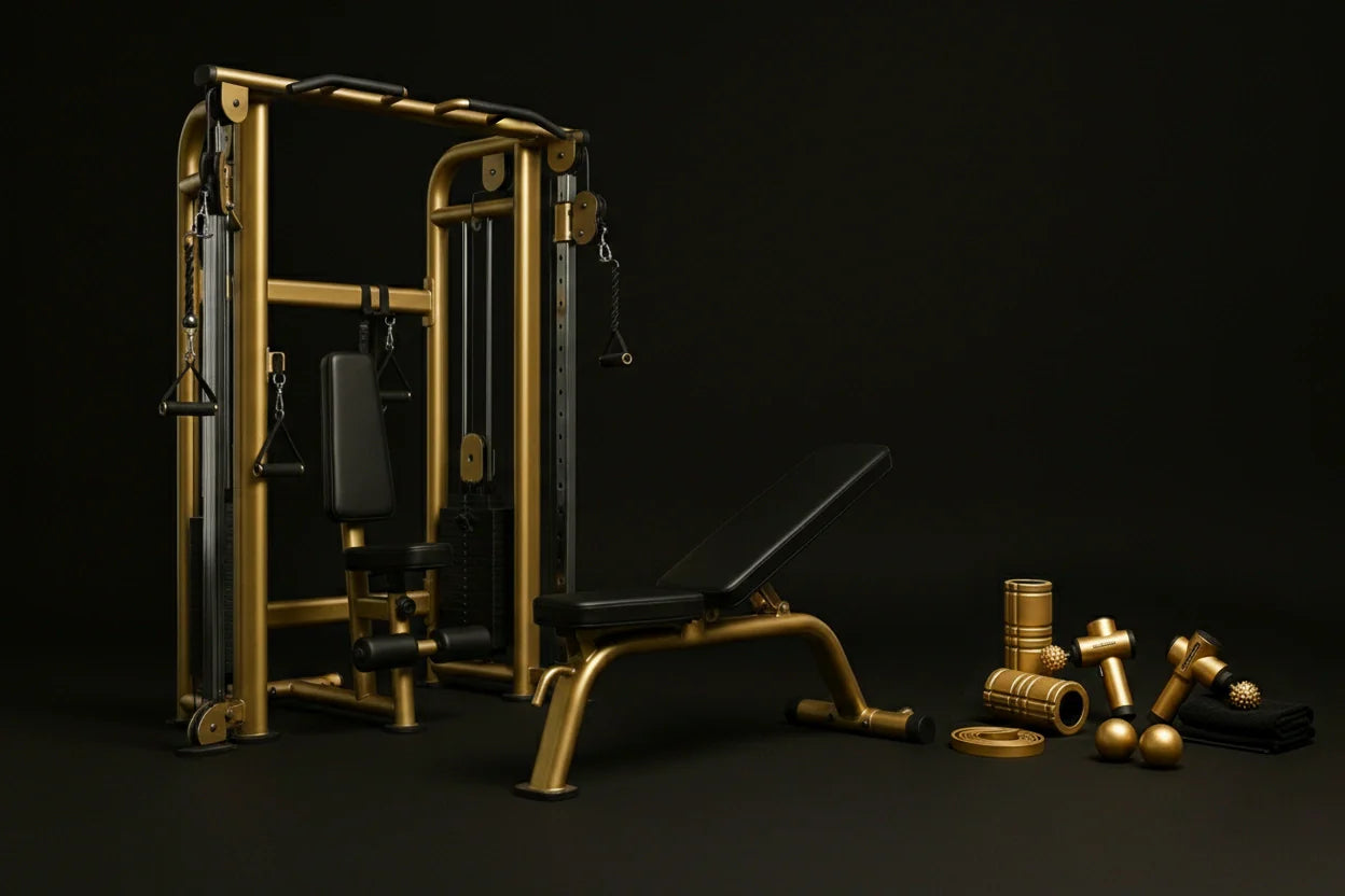 Elegáns arany-fekete kondigép és állítható fekvenyomó pad masszázshengerrel és fitnesz kiegészítőkkel – prémium edzőtermi berendezések.