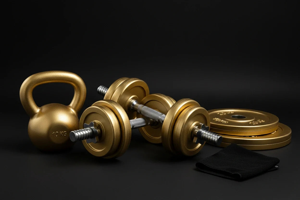 Arany színű professzionális súlyzó készlet, kettlebell és tárcsasúlyok sötét háttér előtt – luxus kivitelű fitnesz súlyok.