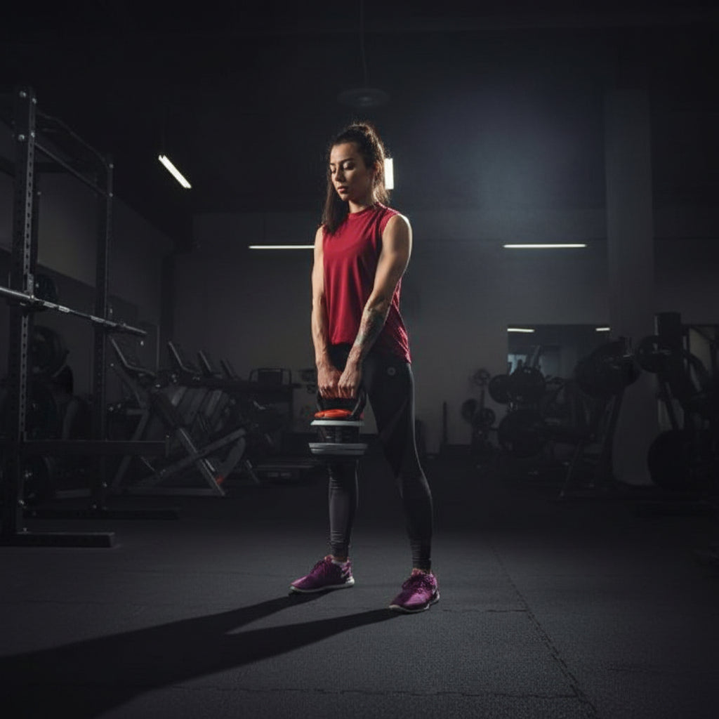 Női sportoló állítható kettlebell-lel edz modern edzőtermi környezetben, funkcionális erősítő edzés közben