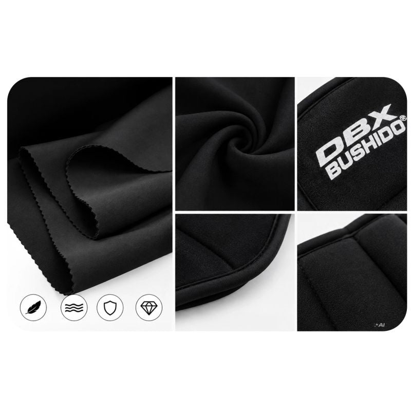 DBX Bushido állítható boka- és csuklósúly, 2 × 2,5 kg. Pánttal rögzíthető, puha borítású súlykészlet. 16. gyári termékfotó.