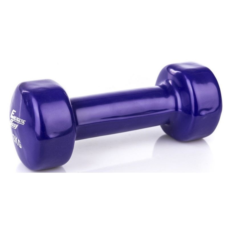 Lila Energetic Body 2 kg-os vinilbevonatú kézisúlyzó ferde nézetben, fehér súlyjelöléssel.