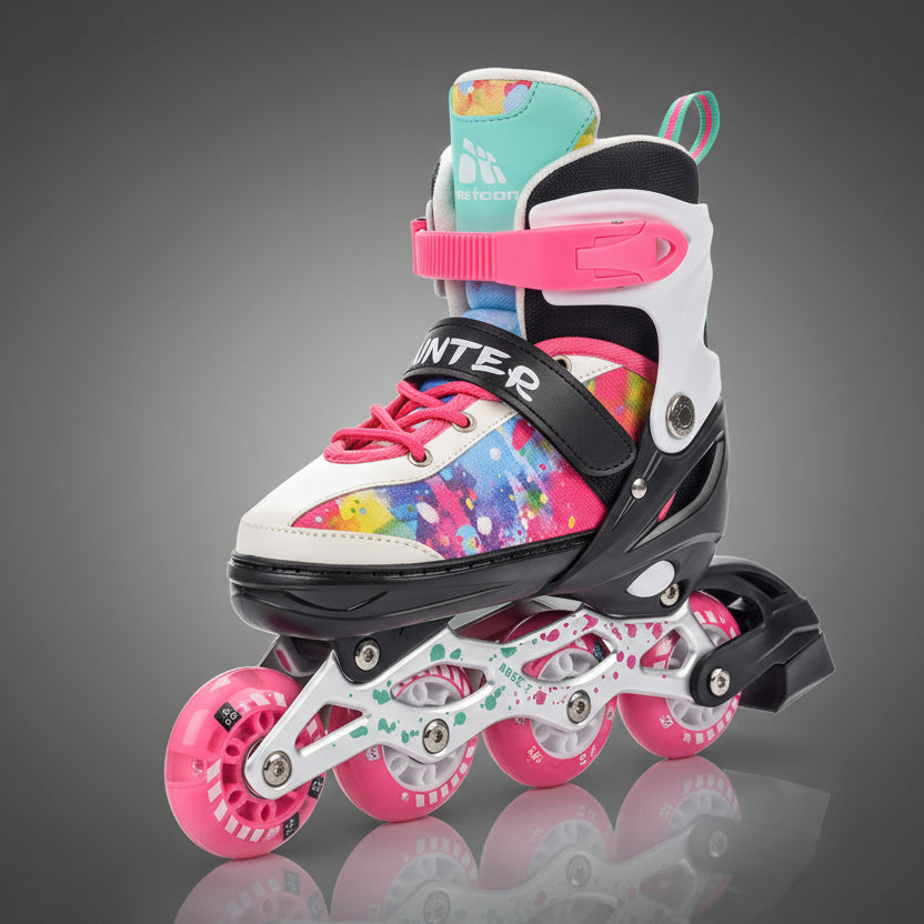 4 az 1-ben állítható görkorcsolya gyerekeknek, inline kerékelrendezéssel, rózsaszín és színes mintás dizájnnal.