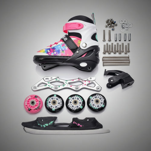 4 az 1-ben korcsolyarendszer alkatrészei: kerekek, penge, alumínium váz és rögzítőelemek átalakításhoz.