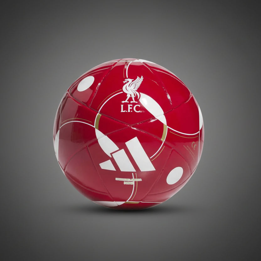 Adidas Liverpool FC mini focilabda: hivatalos piros szurkolói labda a Liver Bird címerrel és fehér Adidas logóval díszítve.