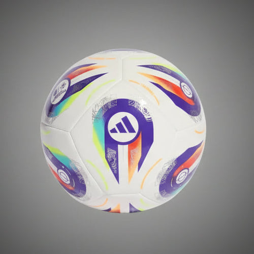 Adidas márkajelzésű fehér futball labda: tartós, gépi varrású edzőlabda lila és narancs dizájn elemekkel füves és műfüves pályára.