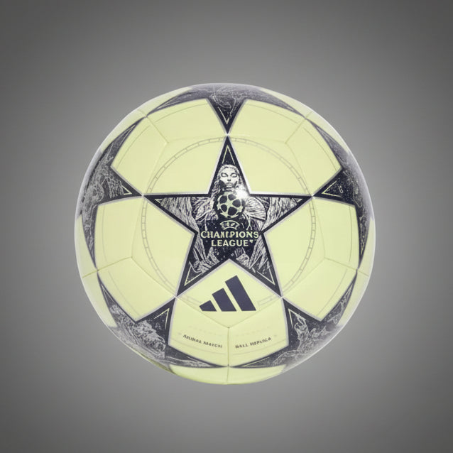 Adidas UCL Real Madrid Club focilabda: Bajnokok Ligája csillagos edzőlabda neonsárga színben, a Real Madrid címerével díszítve.