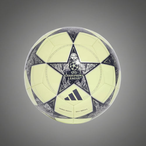 Adidas UCL Real Madrid Club focilabda: Bajnokok Ligája csillagos edzőlabda neonsárga színben, a Real Madrid címerével díszítve.