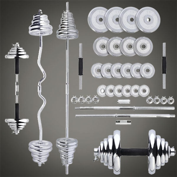 iFitCore állítható súlyzó és rúd szett alkatrészei, súlytárcsák, egyenes és hajlított rúd felülnézetből