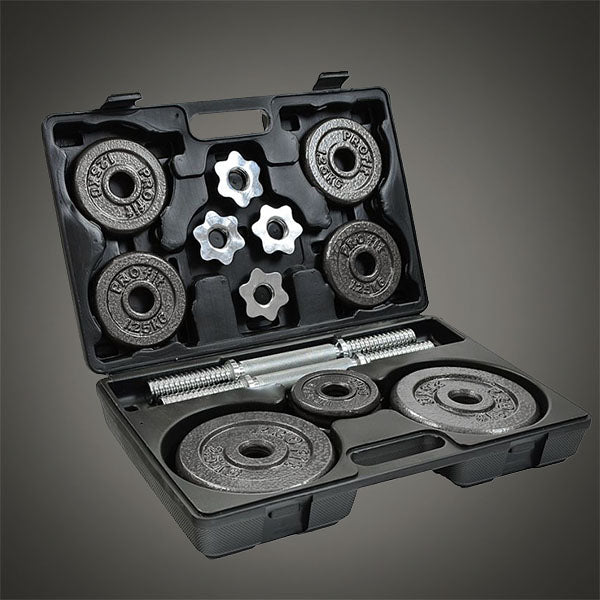 iFitCore 20 kg-os öntöttvas kézisúlyzó szett nyitott hordtáskában, súlytárcsákkal és edzett acél rudakkal