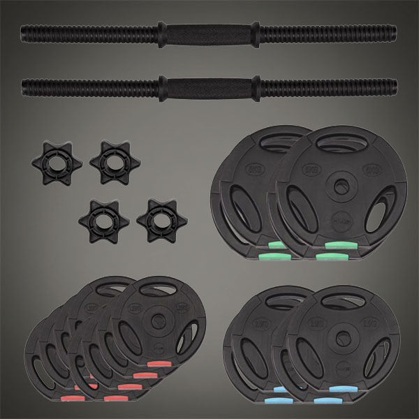 Komplett állítható súlyzókészlet rudakkal, súlytárcsákkal és szorítókkal