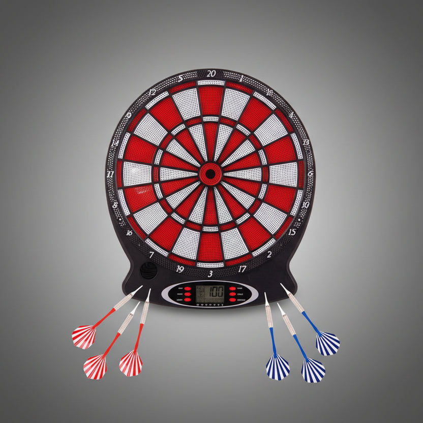 43 cm átmérőjű elektronikus darts tábla piros színben, digitális kijelzővel és automatikus pontszámoló rendszerrel, 1–8 játékos részére, otthoni használatra.