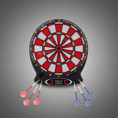 43 cm átmérőjű elektronikus darts tábla piros színben, digitális kijelzővel és automatikus pontszámoló rendszerrel, 1–8 játékos részére, otthoni használatra.