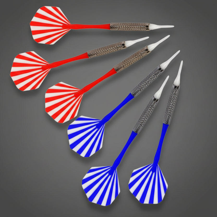 6 darabos soft tip darts készlet piros és kék csíkos tollakkal elektromos táblához