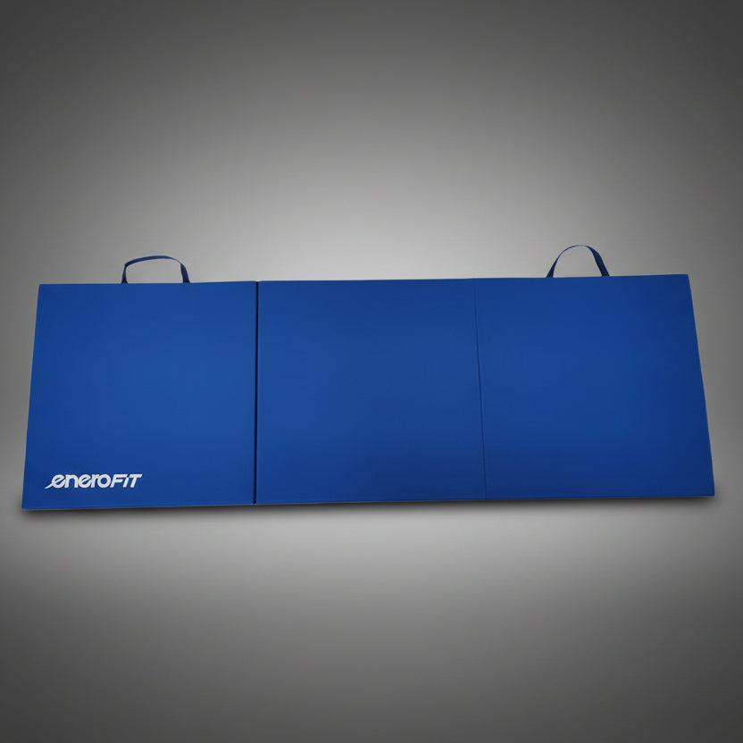 Kék színű összecsukható tornamatrac 180x60 cm-es méretben, ütéscsillapító hab töltettel, otthoni és intézményi használatra.