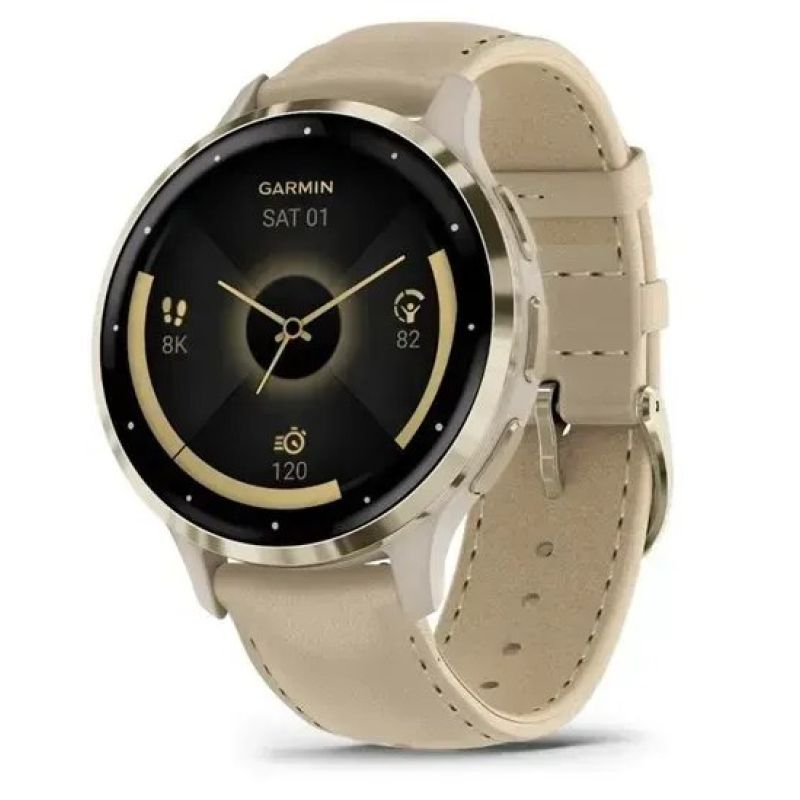 Garmin 010-02785-55 41 mm-es AMOLED okosóra aranyszínű kerettel, bézs szíjjal és fekete arany számlappal, ferdén elölről.