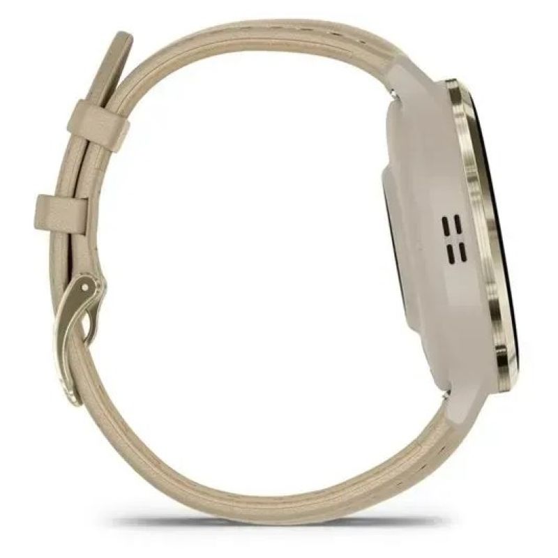 Garmin 010-02785-55 41 mm-es okosóra bal oldali nézetből, bézs szíjjal, aranyszínű kerettel és az óratok oldalán látható hangszórónyílásokkal.
