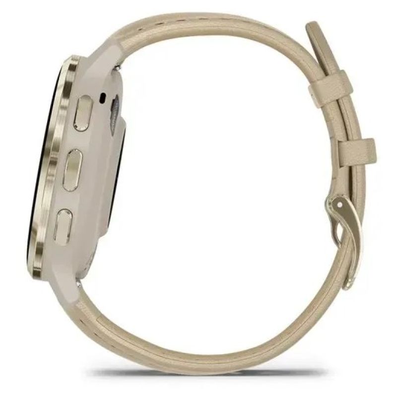 Garmin 010-02785-55 41 mm-es AMOLED okosóra oldalnézetből, három aranyszínű kezelőgombbal, bézs szíjjal és fémcsattal.