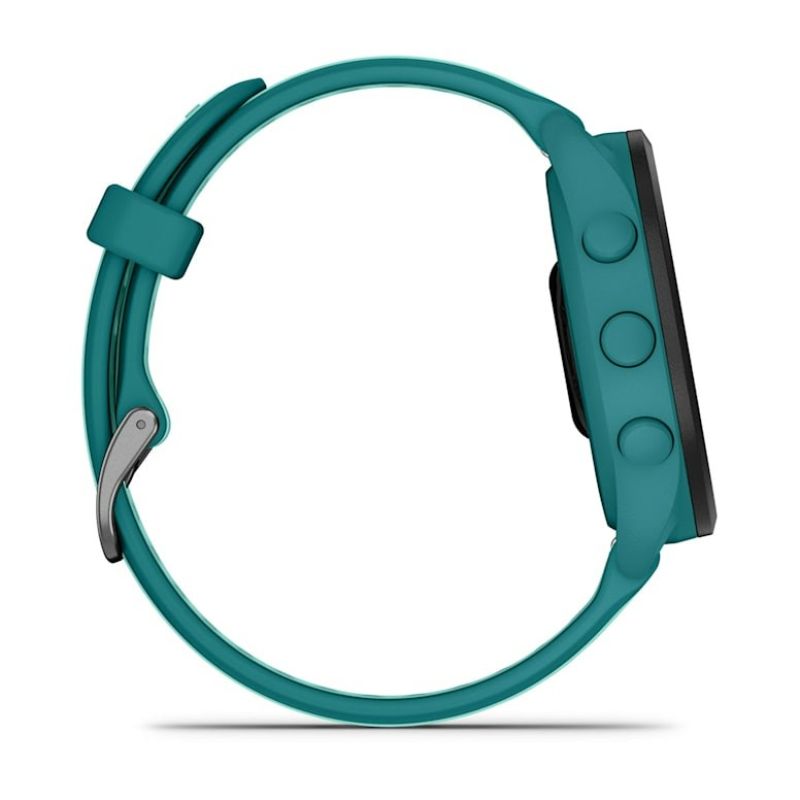 Garmin Forerunner 165 Music AMOLED 43 mm-es sportóra türkizkék szilikonszíjjal, profilból a bal oldali három kezelőgombbal