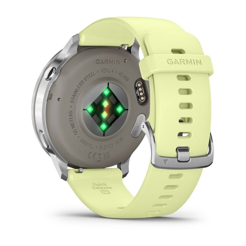 Garmin Instinct E 45 mm-es sportóra ezüst kerettel és electric lime szilikonszíjjal, hátulról nézve, az aktív optikai pulzusmérő szenzorral és a töltőcsatlakozóval