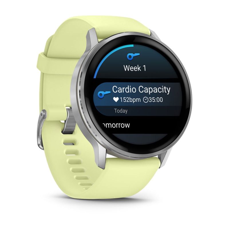 Garmin Instinct E 45 mm-es sportóra ezüst kerettel és electric lime szilikonszíjjal, oldalnézetből, a kijelzőn kardió kapacitás edzésfunkcióval