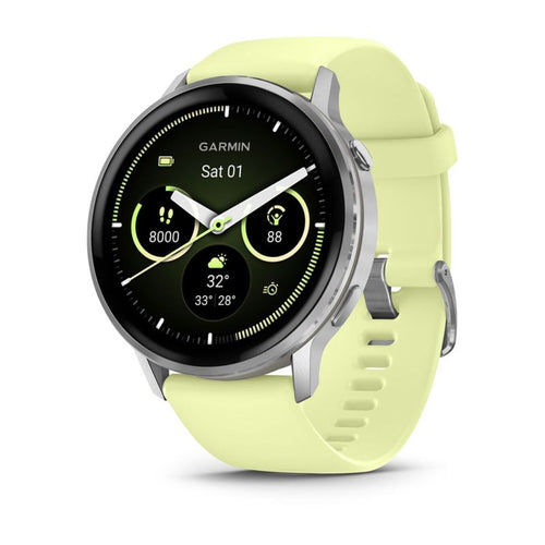 Garmin Instinct E 45 mm-es sportóra ezüst kerettel és electric lime szilikonszíjjal, analóg stílusú számlappal, enyhén oldalnézetből