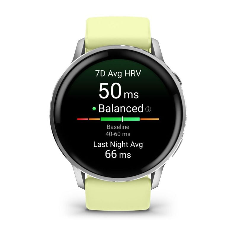 Garmin Instinct E 45 mm-es sportóra electric lime színű szilikonszíjjal, szemből nézve, a kijelzőn a HRV állapot kijelzésével