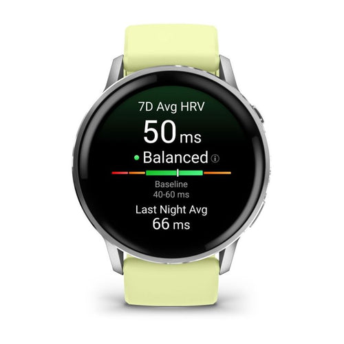 Garmin Instinct E 45 mm-es sportóra electric lime színű szilikonszíjjal, szemből nézve, a kijelzőn a HRV állapot kijelzésével