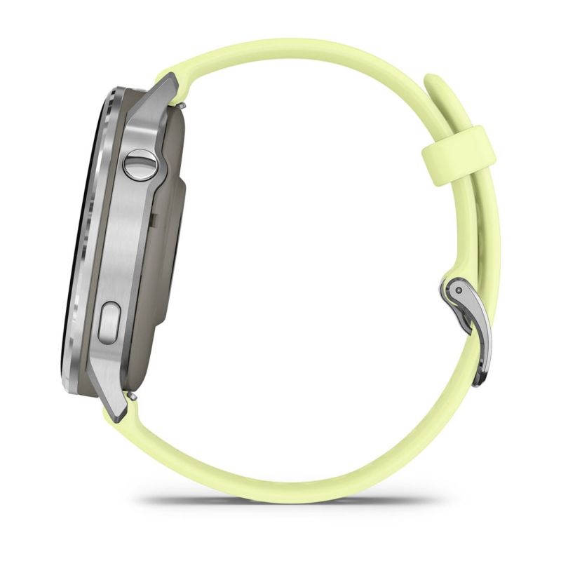 Garmin Instinct E 45 mm-es sportóra ezüst rozsdamentes acél kerettel és electric lime szilikonszíjjal, profilból a jobb oldali kezelőgombokkal