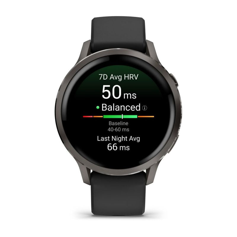 Garmin Venu 4 41 mm-es okosóra palaszürke kerettel és fekete szilikonszíjjal, szemből nézve, a kijelzőn a HRV állapot kijelzésével