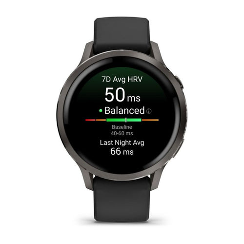 Garmin Venu 4 41 mm-es okosóra palaszürke kerettel és fekete szilikonszíjjal, szemből nézve, a kijelzőn a HRV állapot kijelzésével