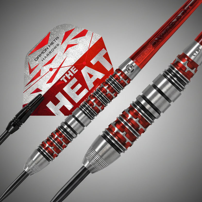 Harrows The Heat piros-ezüst darts test és Damon Heta feliratos tollak