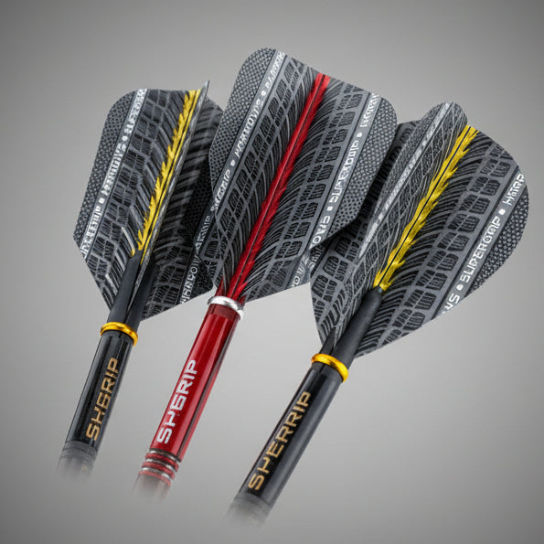 Harrows Supergrip tollak és szárak összeszerelve piros és sárga színekben, gumiabroncs mintázattal