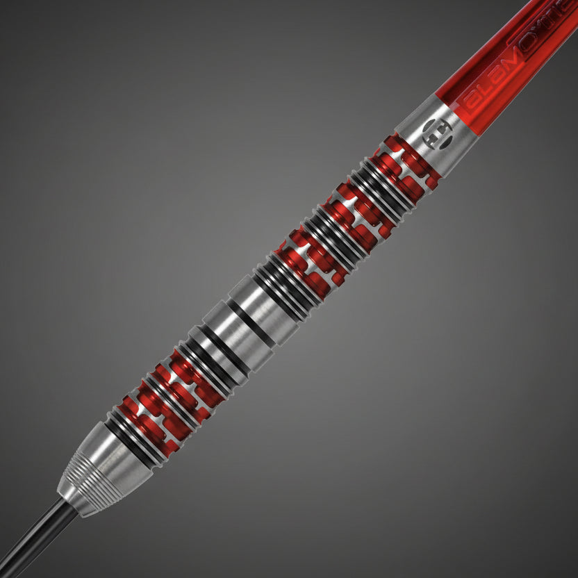 Harrows Damon Heta darts nyíl recézett testének textúrája és fogása közelről