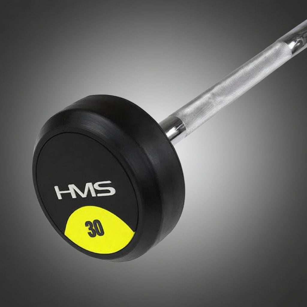 HMS 30 kg-os fix gumírozott egykezes súlyzó - prémium minőségű, ütésálló fitnesz eszköz recézett acél markolattal a biztonságos fogásért az Ifitcore kínálatában.