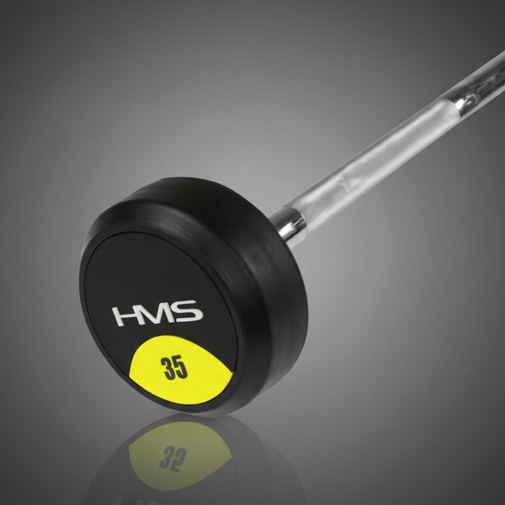 HMS 35 kg-os fix gumírozott egykezes súlyzó – professzionális fitnesztermi eszköz recézett króm markolattal és padlóvédő gumibevonattal az iFitCore kínálatában.