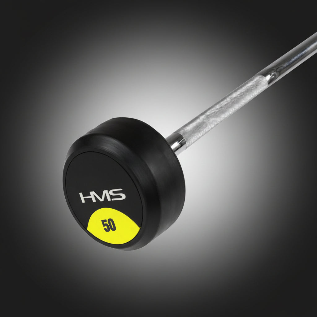 HMS 50 kg-os professzionális fix gumírozott egykezes súlyzó – extrém súlycsoport haladó testépítőknek, recézett króm markolattal és padlóvédő gumibevonattal az iFitCore kínálatában.