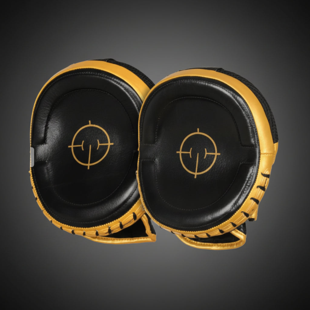 HMS fekete-arany box pontütő pár célkereszttel - hajlított kialakítású boxpajzs az ütéspontosság és a gyorsaság fejlesztéséhez küzdősport edzéseken az Ifitcore webshopban.