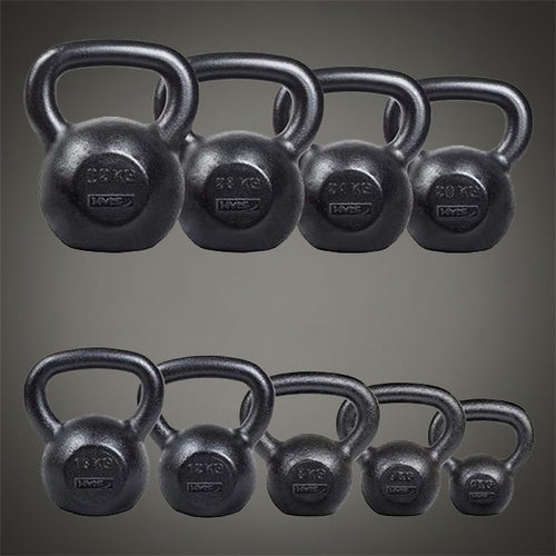 HMS öntöttvas fekete kettlebell szett különböző súlyokkal 4 kg-tól 32 kg-ig, otthoni és edzőtermi edzéshez