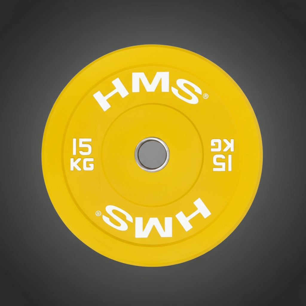 HMS CBR 15 kg-os sárga bumper tárcsa: strapabíró, ütéselnyelő gumibevonatos olimpiai súlytárcsa crossfithez és súlyemeléshez.