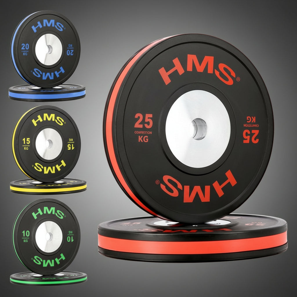 HMS súlytárcsa készlet állítva bemutatva, elöl 25 kg-os piros tárcsával