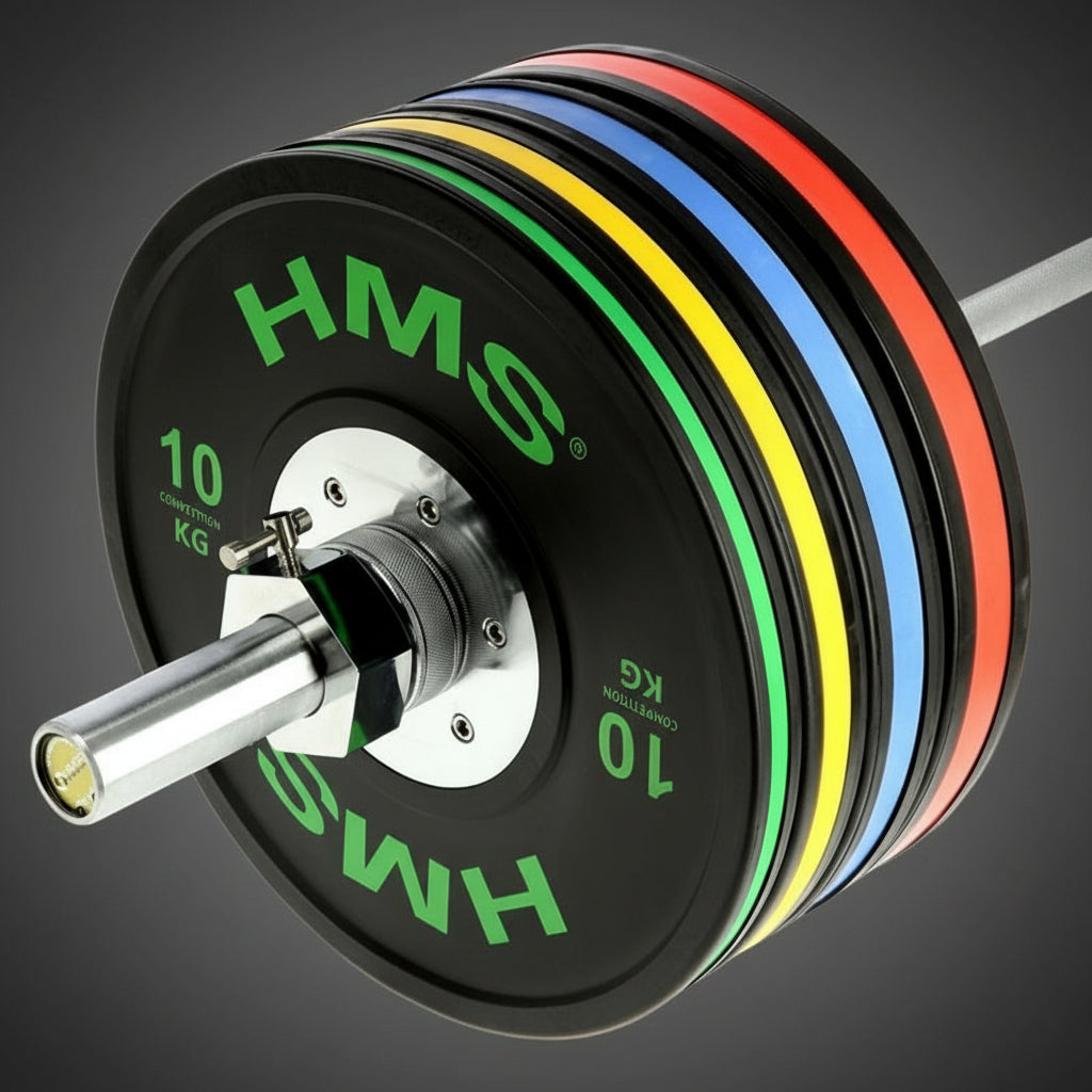 HMS színes súlytárcsák rúdra helyezve professzionális erőedzéshez
