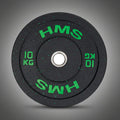 HMS HTBR 10 kg-os gumírozott súlytárcsa zöld felirattal: ütéselnyelő, olimpiai szabványú bumper tárcsa dobálós gyakorlatokhoz.