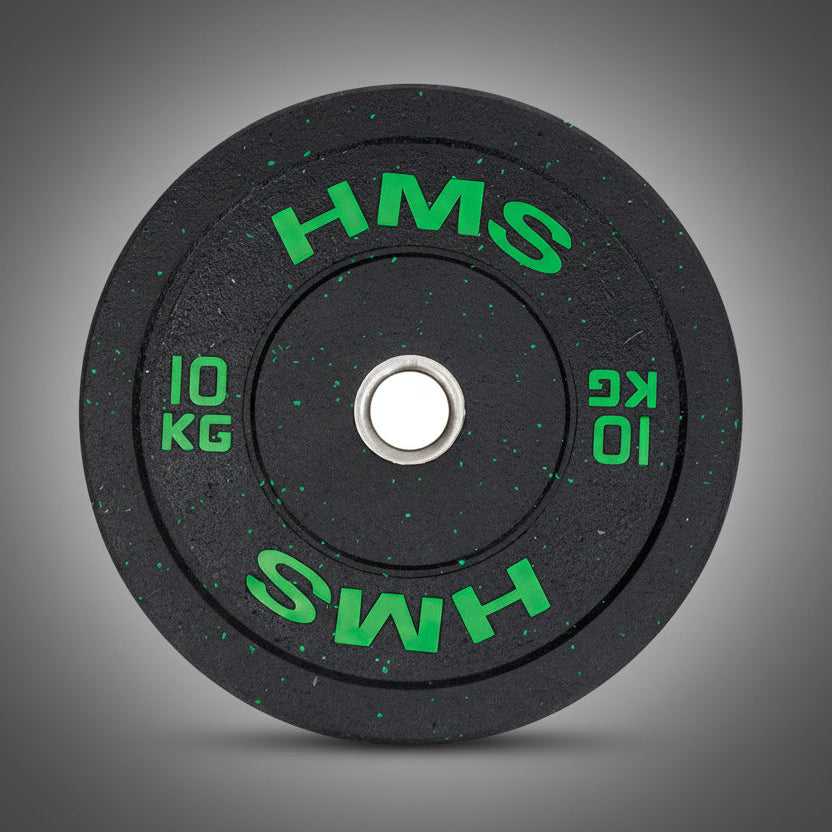 HMS HTBR 10 kg-os gumírozott súlytárcsa zöld felirattal: ütéselnyelő, olimpiai szabványú bumper tárcsa dobálós gyakorlatokhoz.