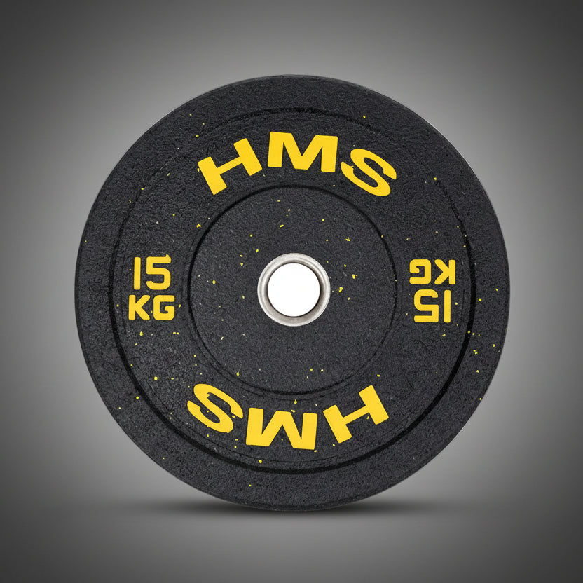 HMS HTBR 15 kg-os sárga feliratos bumper tárcsa: zajcsökkentő, rugalmas gumiőrleményből készült profi súly súlyemeléshez.