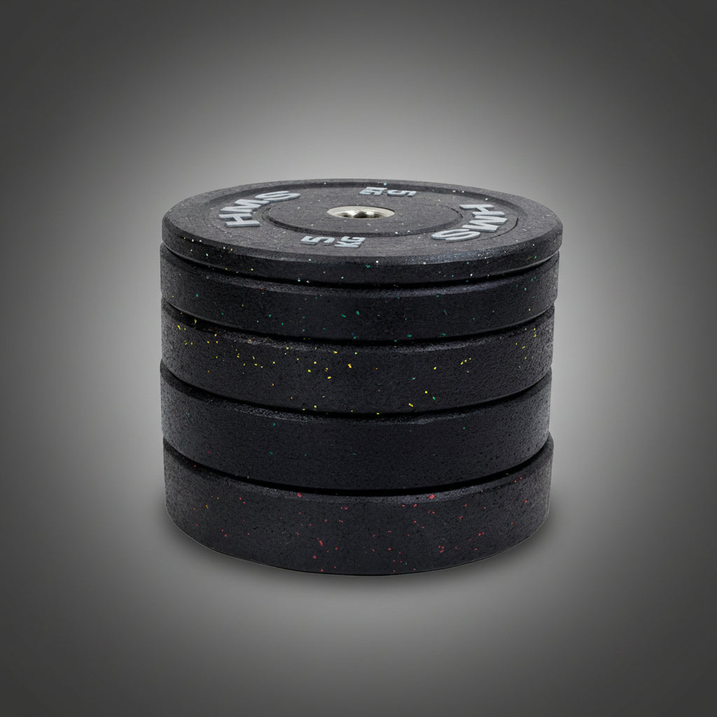 HMS HTBR20 gumiborítású olimpiai súlytárcsák egymásra helyezve, edzőtermi 