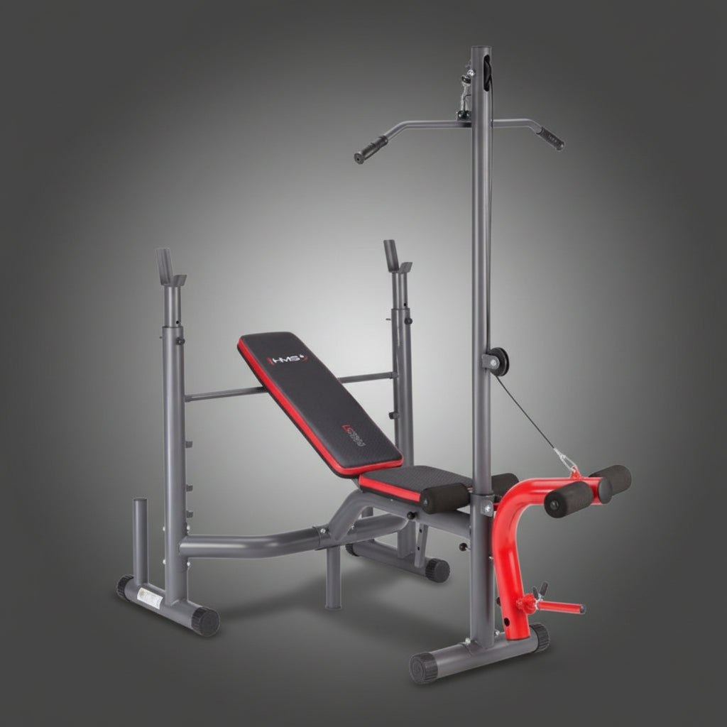 HMS LS7206 súlyzós edzőpad lehúzó toronnyal, teljes edzőállomás