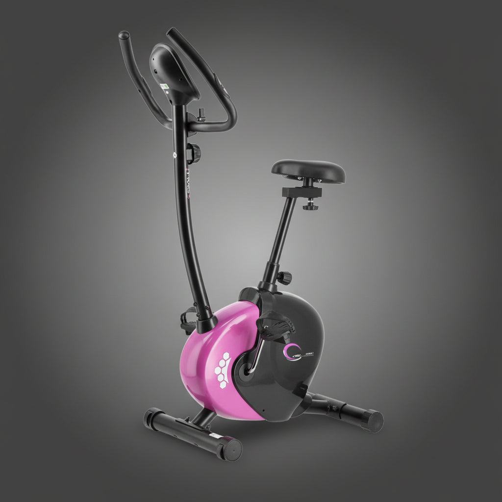 HMS M9239V mágnesfékes szobakerékpár: modern, rózsaszín-fekete dizájn, kompakt otthoni fitneszgép kardió edzéshez és fogyáshoz.
