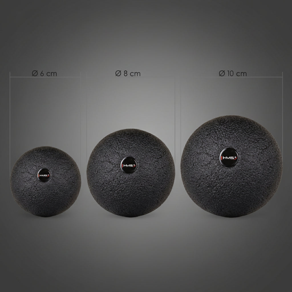 HMS masszázslabda méretek összehasonlítása: 6cm, 8cm és 10cm átmérőjű EPP trigger pont labdák a célzott izomlazításhoz.