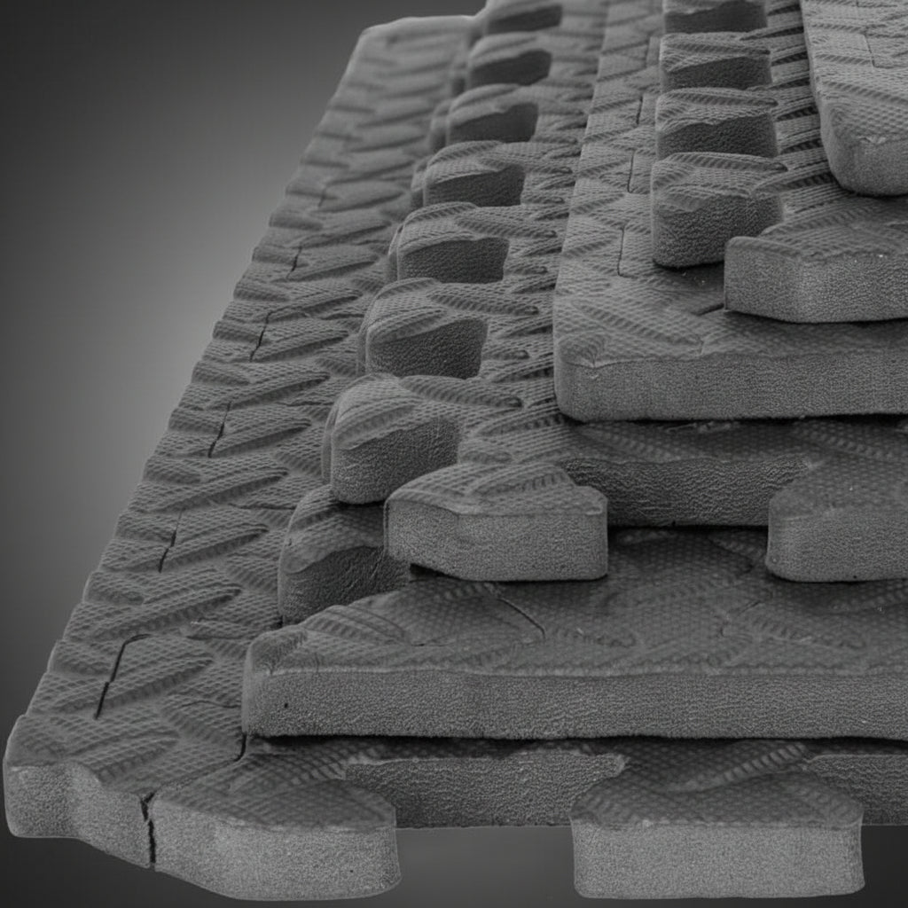 Egymásra helyezett HMS puzzle szőnyeg elemek közelről: vastag, rezgéscsillapító EVA hab anyag és csúszásmentes textúra a maximális védelemért.