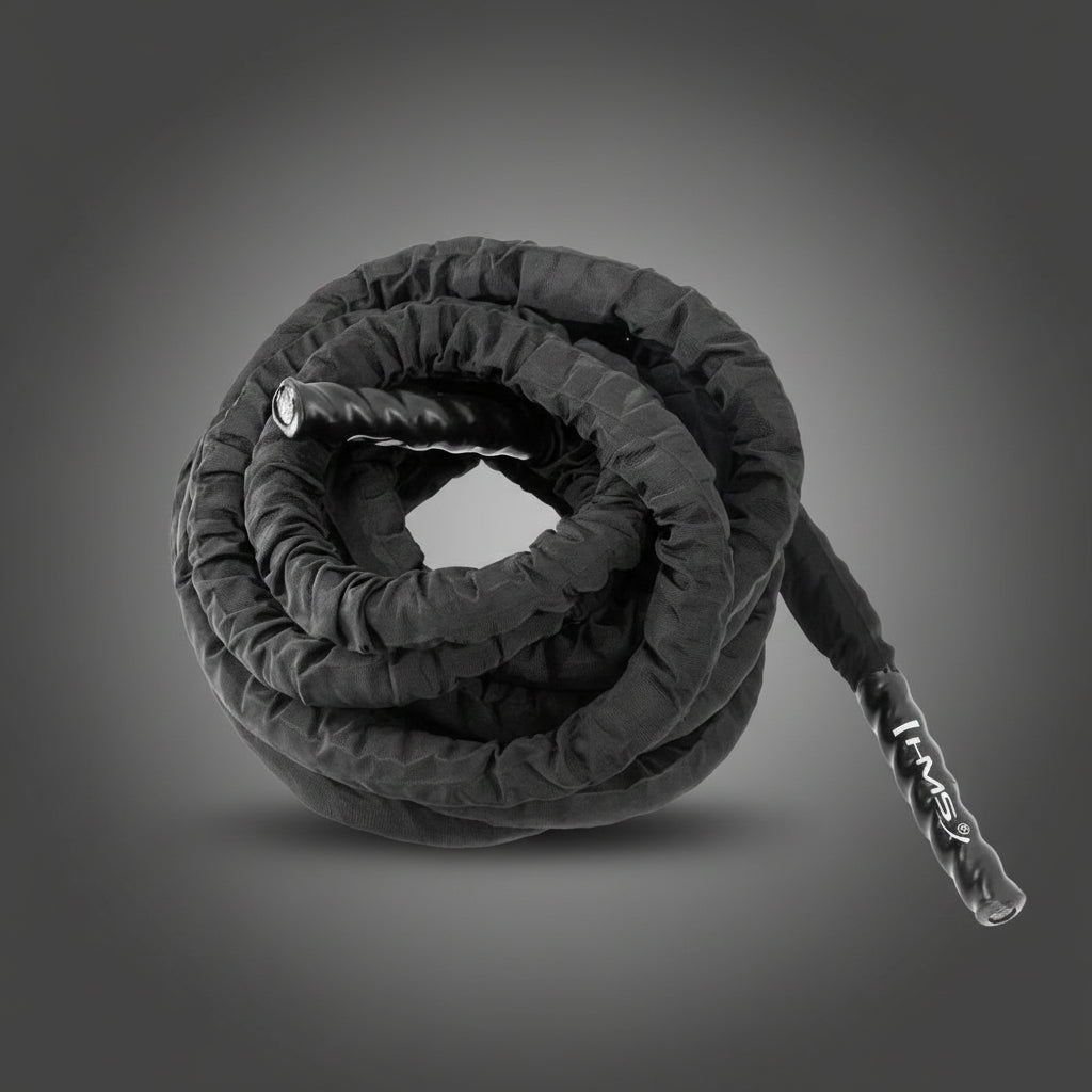 HMS RP03 bevonatos edzőkötél feltekert állapotban, tartós fekete borítással